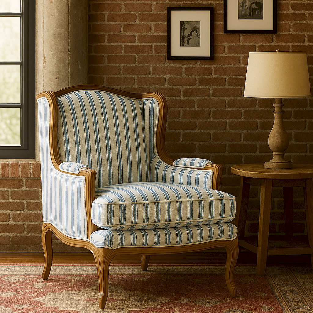 Calvin Linen  Blue Stripe Wing chair 
