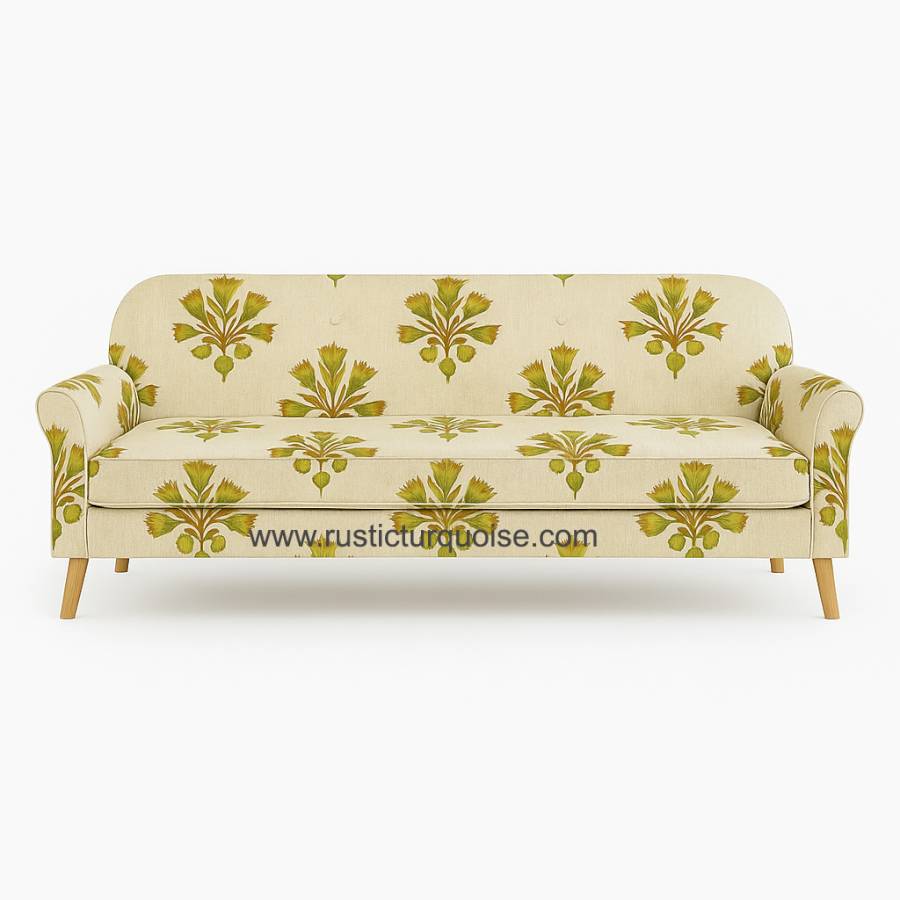 Rustline Linen Printed Florel Beige Sofa 