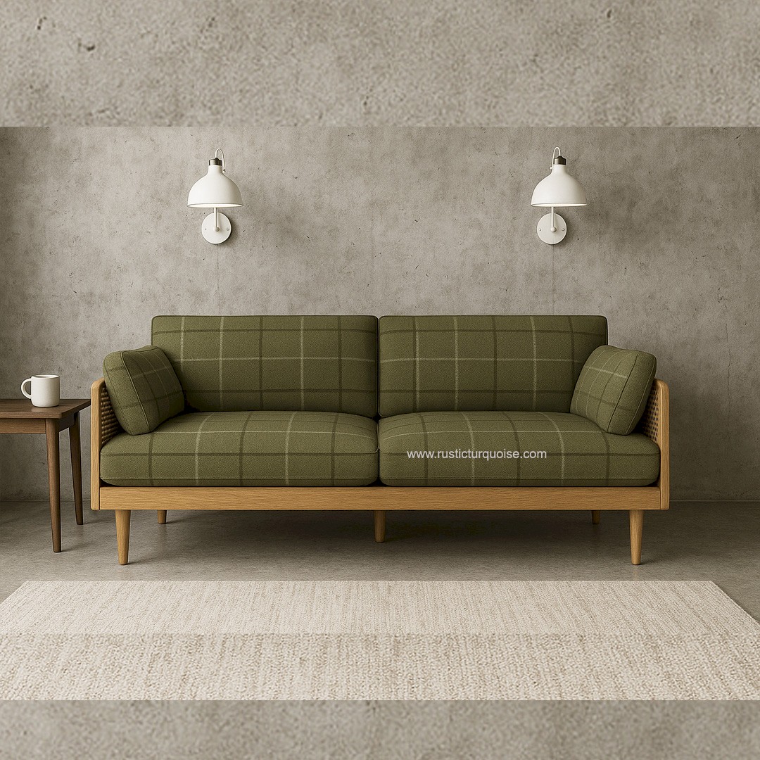 Brickyard Rattan Linen  Olive Check  Sofa