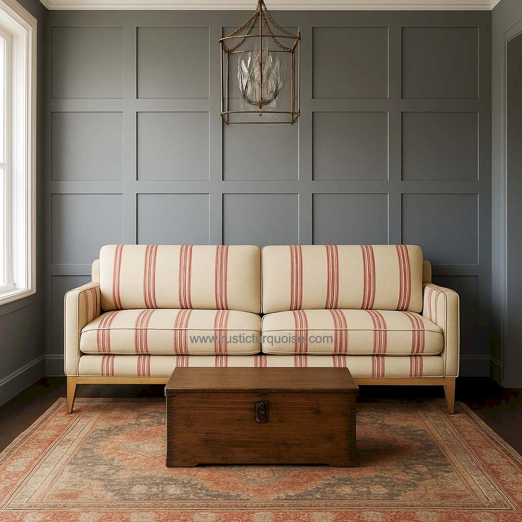 Charlbury Printed Linen Red Stripe Three Seater Sofa