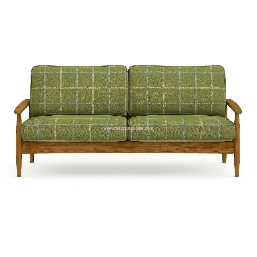 Elara wooden Linen Olive Green Check sofa 