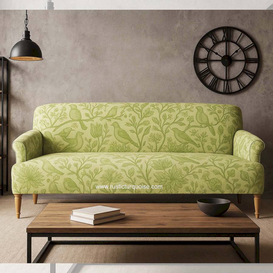 Renee Velvet   green Bird  printed Sofa 