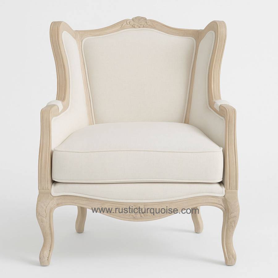 Verona Linen  white wooden Wing chair 