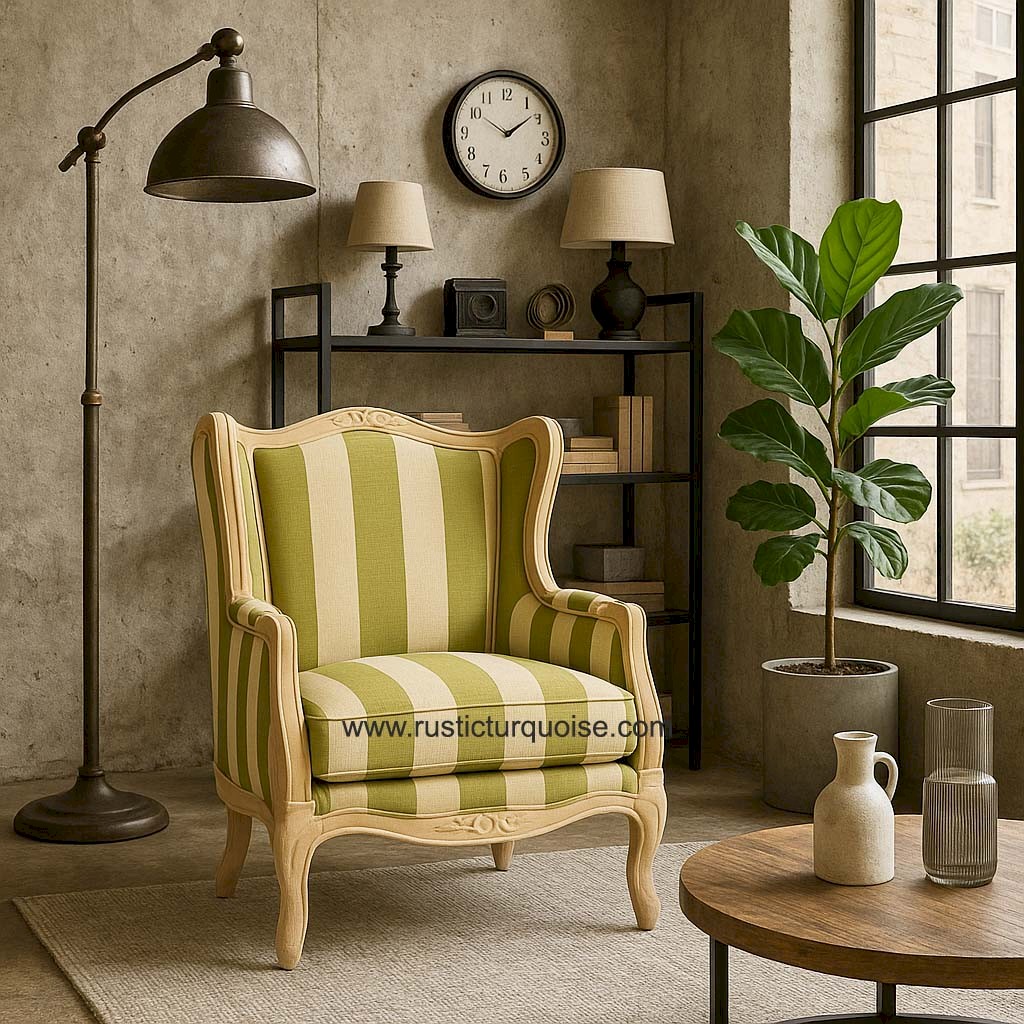 Verona Linen  Olive green Stripes Wing chair 