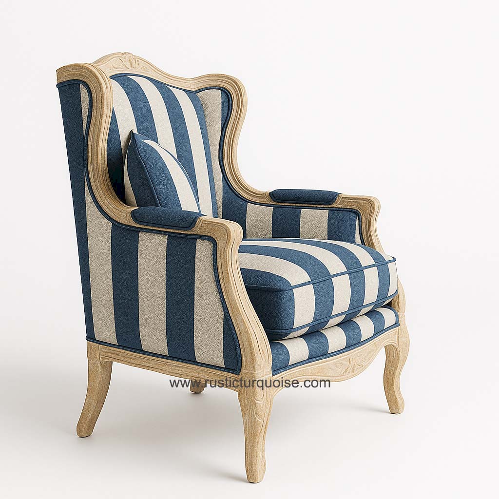 Verona Linen  Blue Stripes Wing chair 