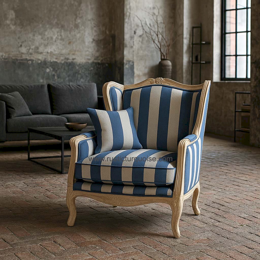 Verona Linen  Blue Stripes Wing chair 