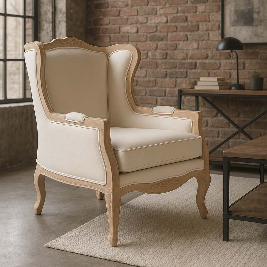 Verona Linen  white wooden Wing chair 