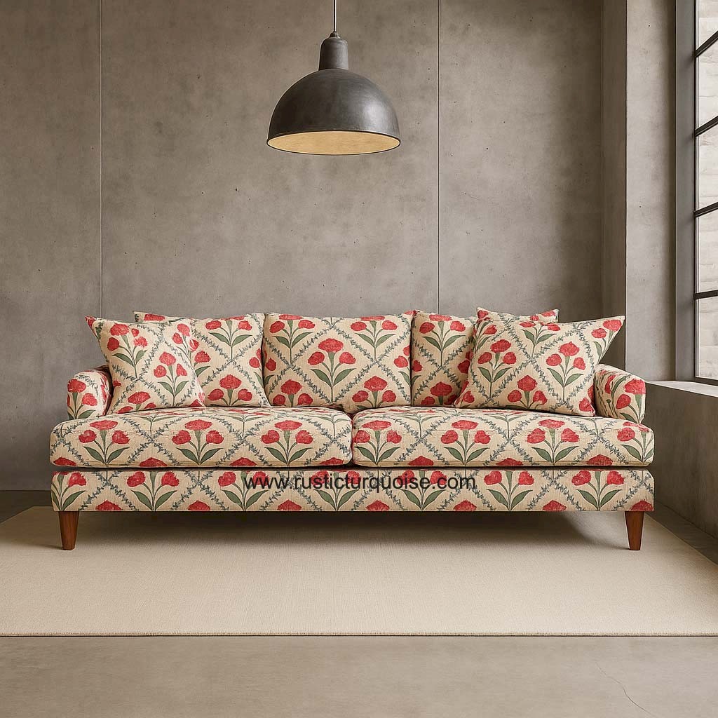 Tulip Bloom Linen  Beige Red   Printed Comfy Sofa 