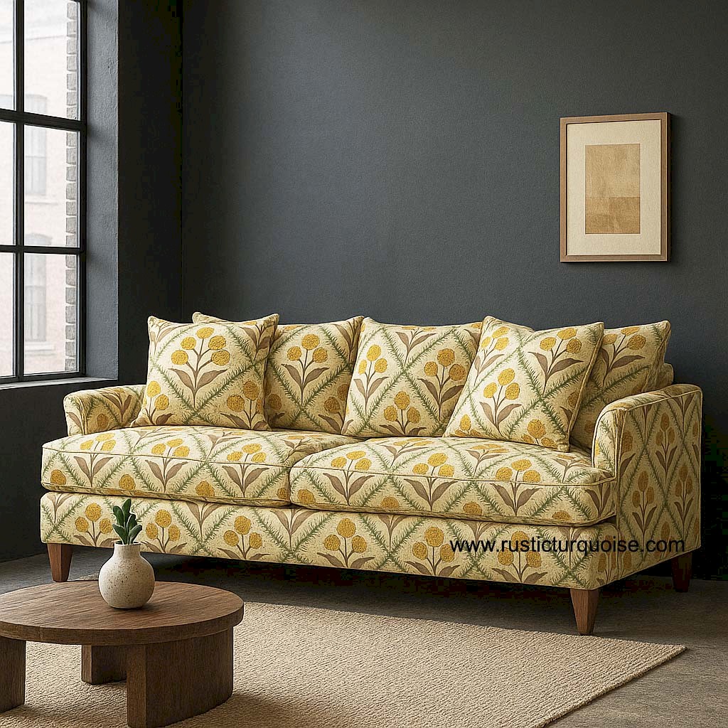 Tulip Bloom Linen  Beige   Printed Comfy Sofa 