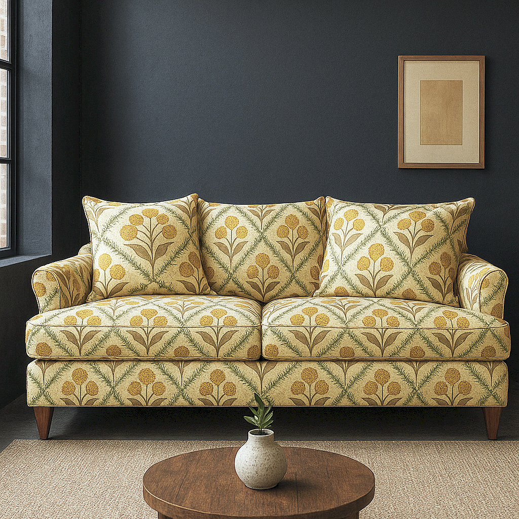 Tulip Bloom Linen  Beige   Printed Comfy Sofa 