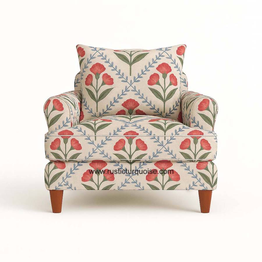 Tulip Bloom Linen  Beige Red   Printed Comfy Sofa 