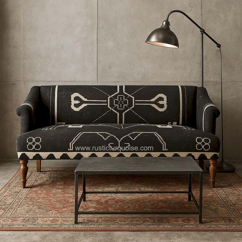 Rustic Tribal Black Upholstered  3 seater Sofa