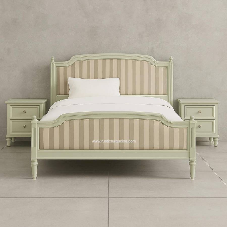 Florence Stripe Sage Green  Upholstered Bed With Side Table