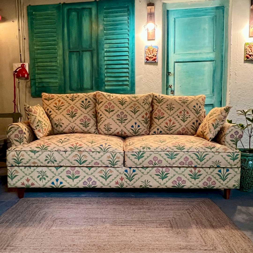 Tulip Bloom Linen  Beige  Multi Floral  Printed Comfy Sofa  