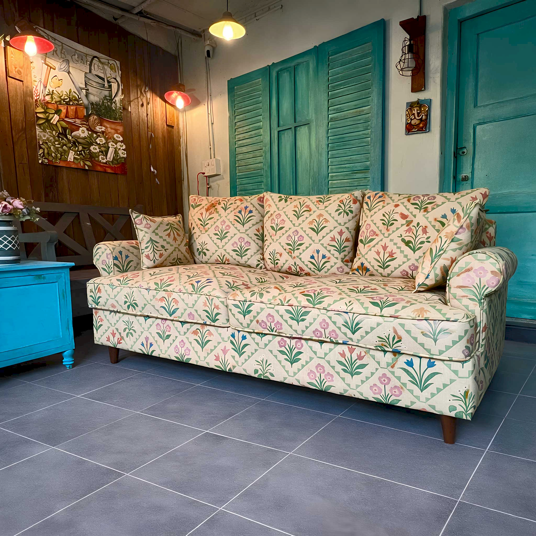 Tulip Bloom Linen  Beige  Multi Floral  Printed Comfy Sofa  