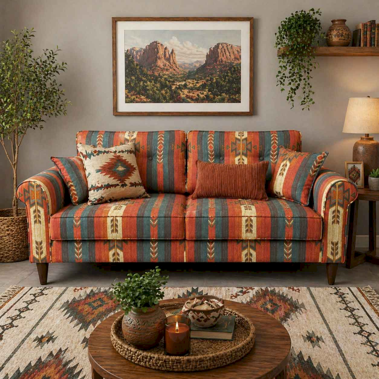 Rugs  Tribel Linen  Rolled Armed Red printed Sofa 