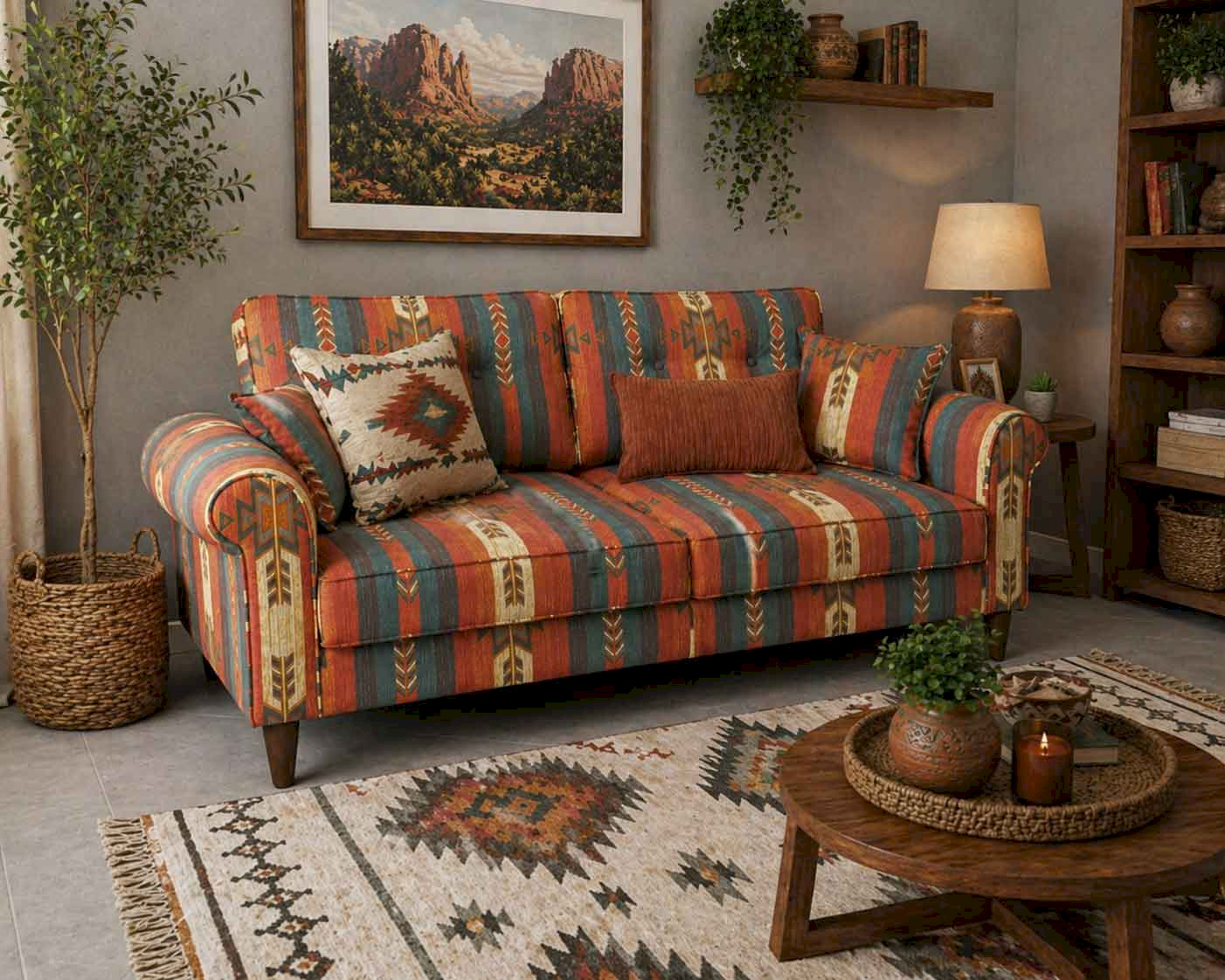 Rugs  Tribel Linen  Rolled Armed Red printed Sofa 