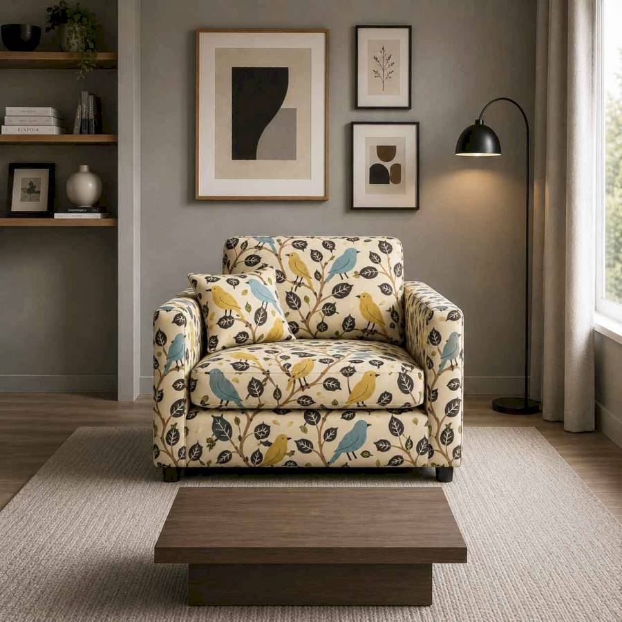 Aviara Birdsong Linen Printed 3-Seater Sofa | Nature-Inspired Premium Fabric Sofa | Rustic Turquoise