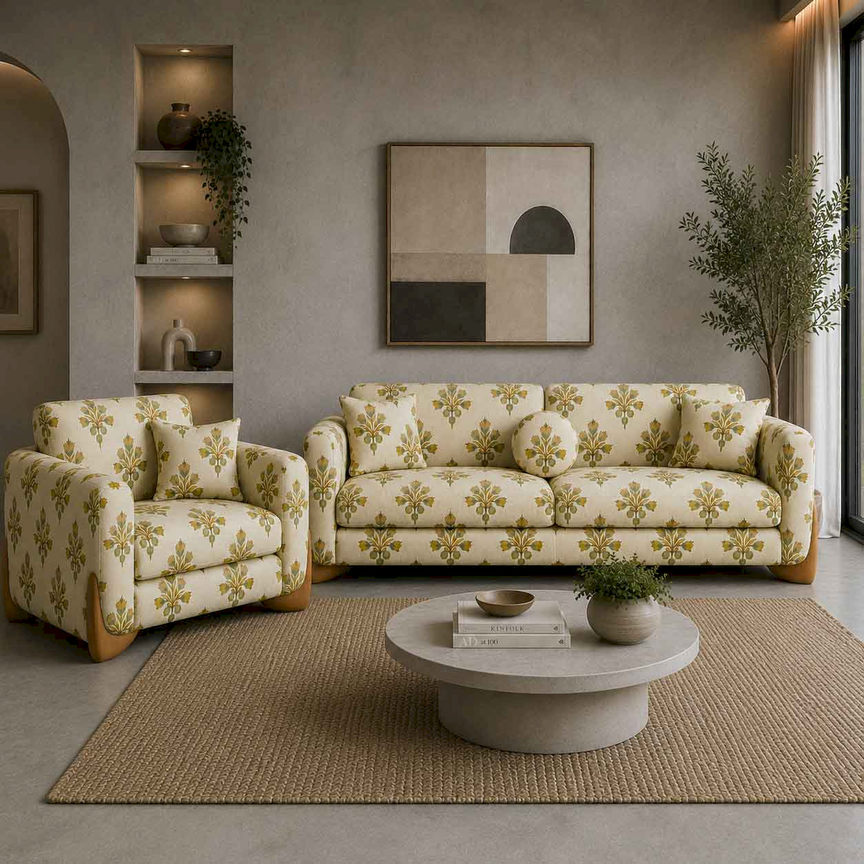 Cloud Beige Floral 3-Seater Modern Sofa