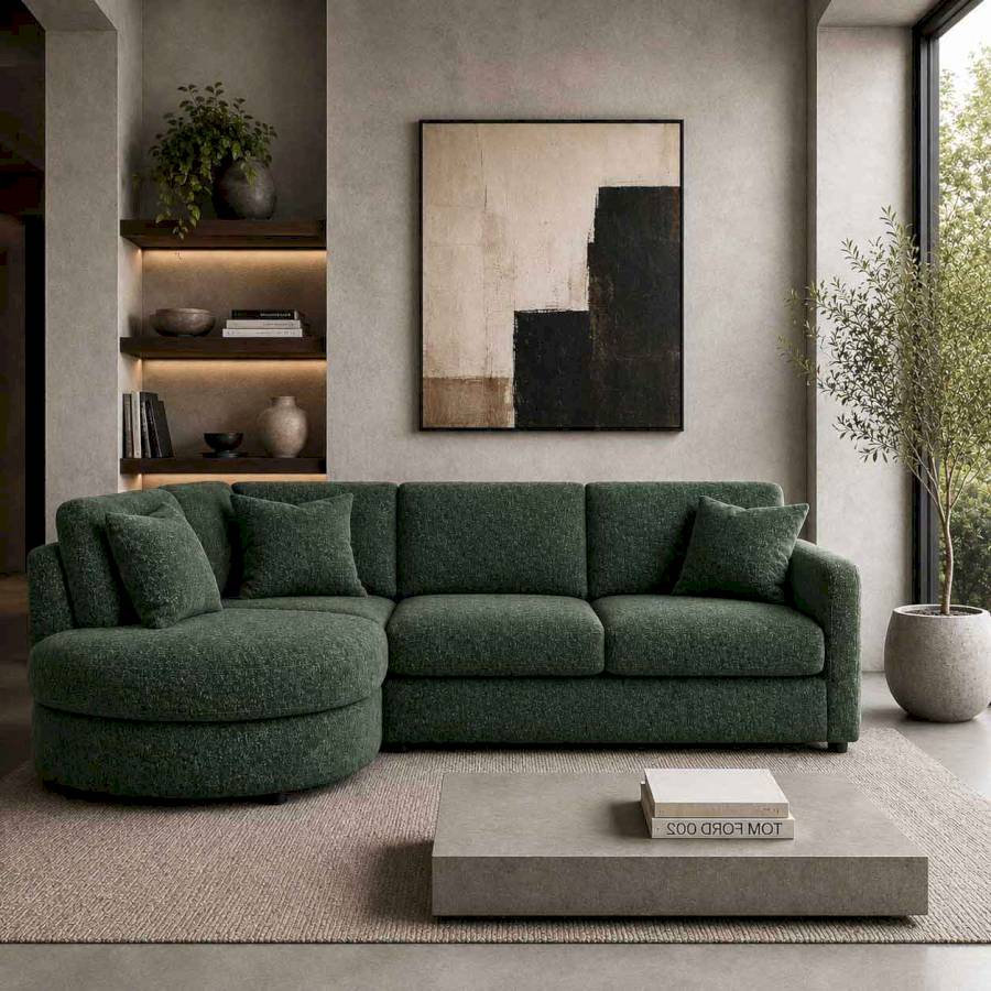 Forest Haven Bouclé L-Shape Sofa | Luxury Curved Green Corner Sofa | Rustic Turquoise