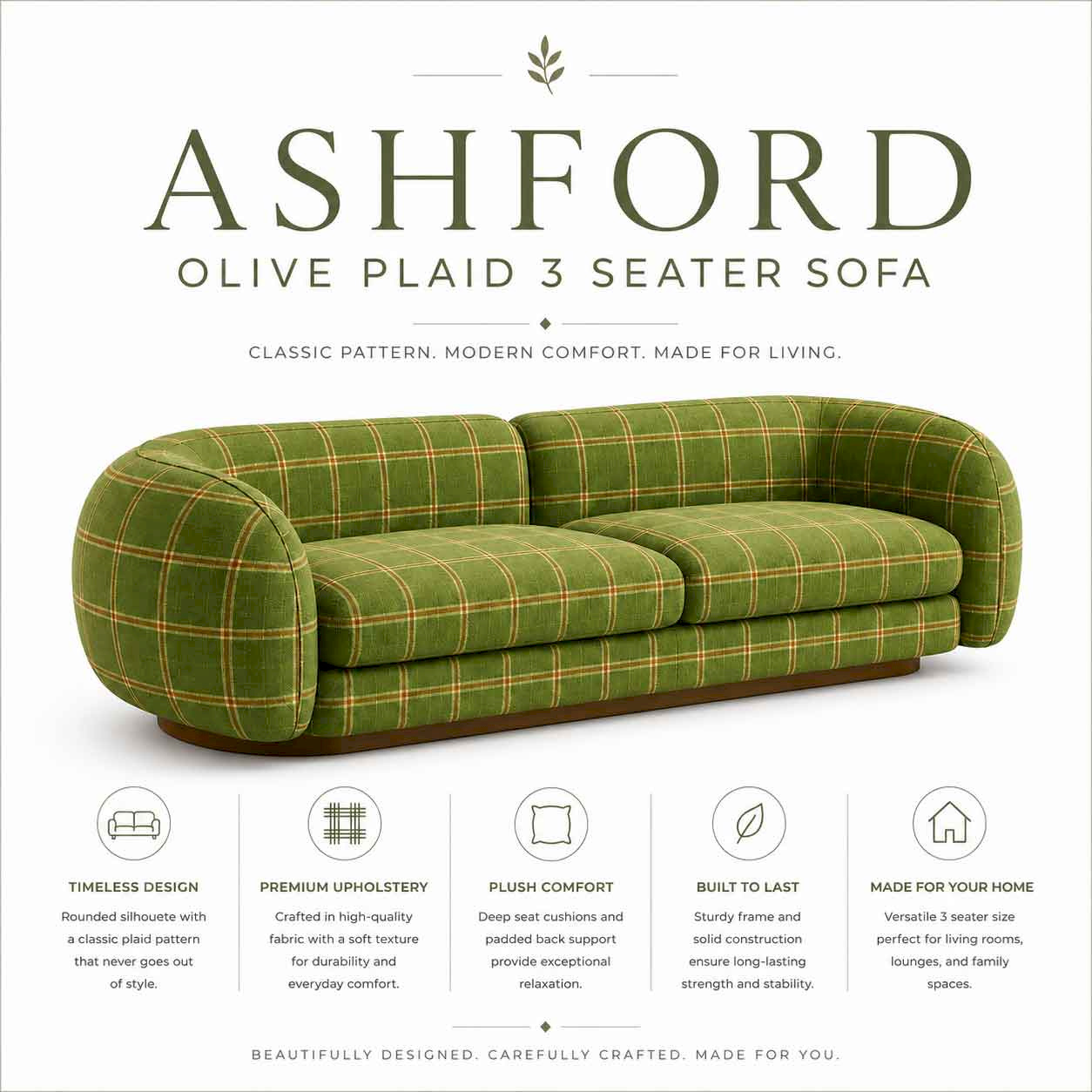 Ashford Olive Plaid 3 Seater Sofa | Modern Designer Living Room Sofa | Rustic Turquoise