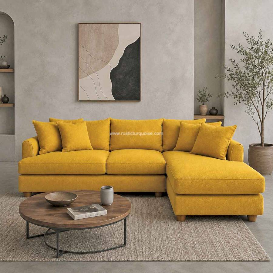 Azriah Linen L-Shape Sofa | Comfy Fabric Corner Sofa | Rustic Turquoise