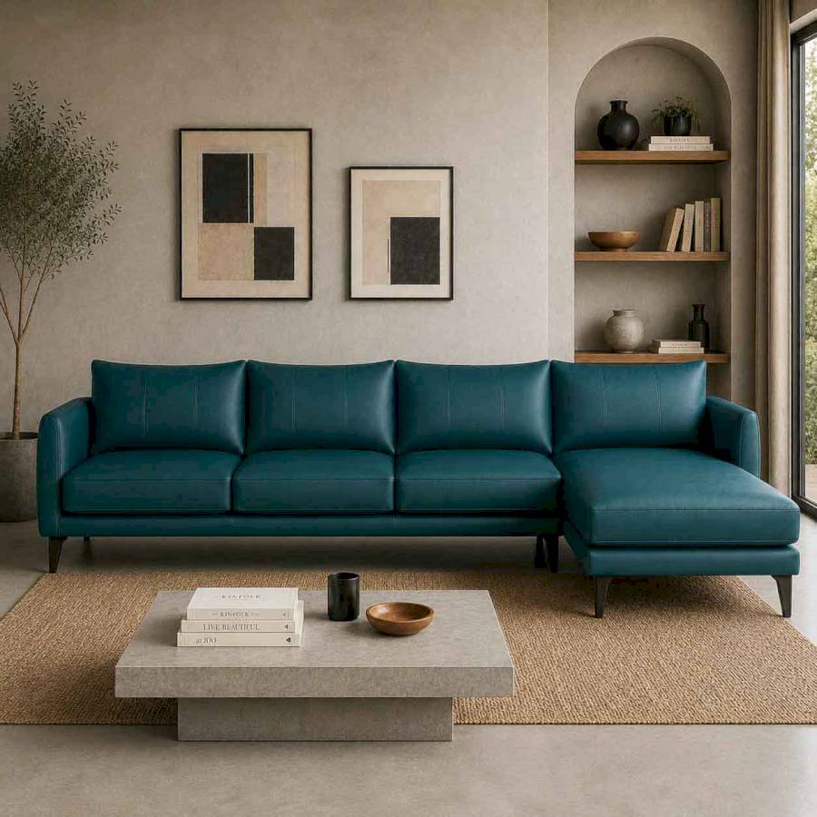 Alfie Blue Leatherette L-Shape Sofa | Premium Corner Sofa | Rustic Turquoise