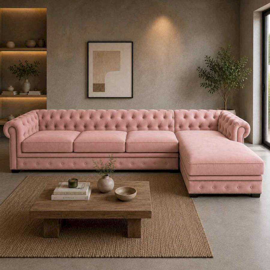 Rosabelle Blush Rose Pink Chesterfield L-Shape Sofa | Luxury Velvet Corner Sofa for Living Room | Rustic Turquoise