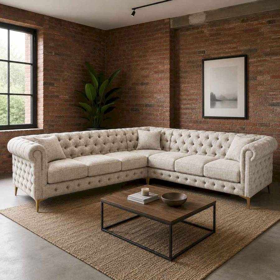 Bromley Heritage Chesterfield L-Shape Corner Sofa | Premium Linen Sectional | Rustic Turquoise