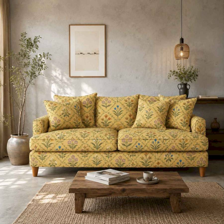 Tulip Bloom Linen Beige Multi Floral Printed Comfy Three Seater Sofa | Rustic Turquoise