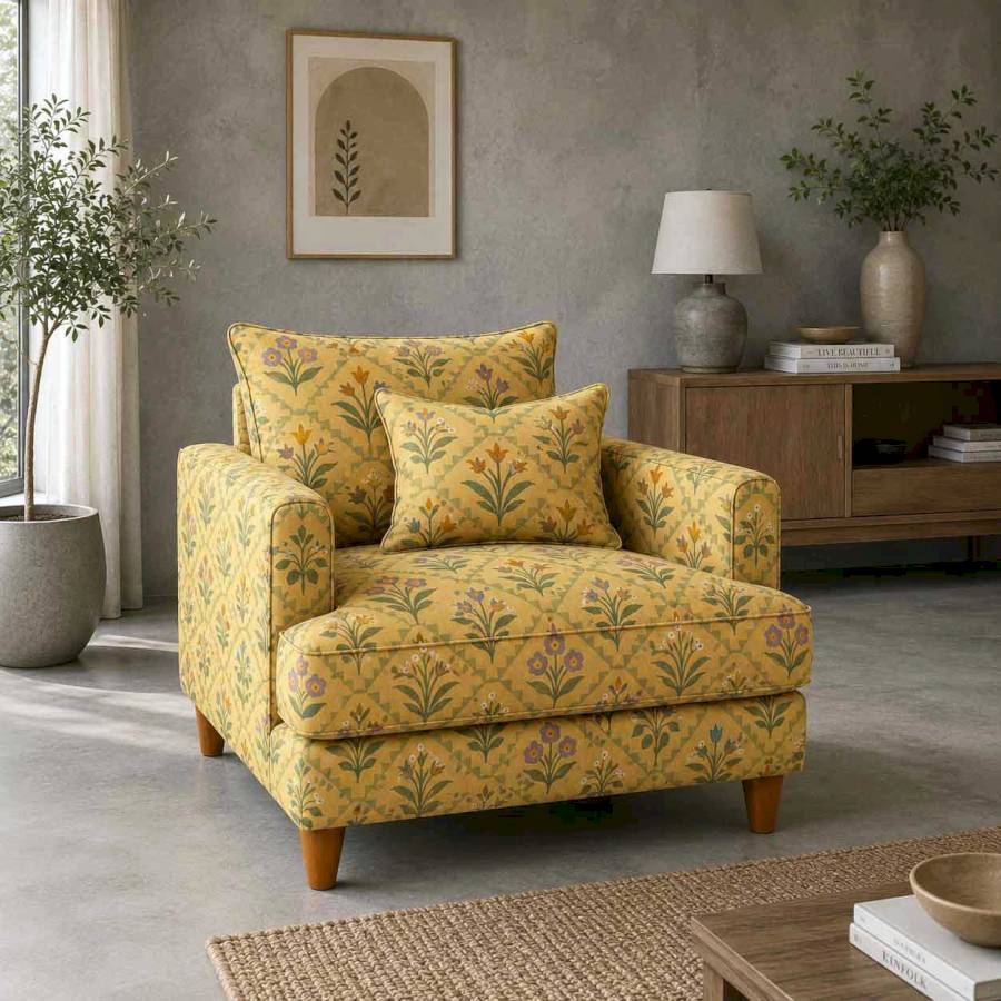 Tulip Bloom Linen Beige Multi Floral Printed Comfy Three Seater Sofa | Rustic Turquoise
