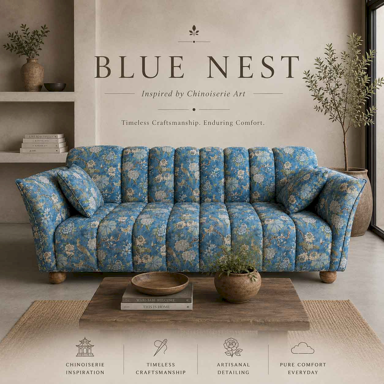 Blue Nest Floral Linen 3 Seater Sofa | Premium Linen Sofa | Rustic Turquoise