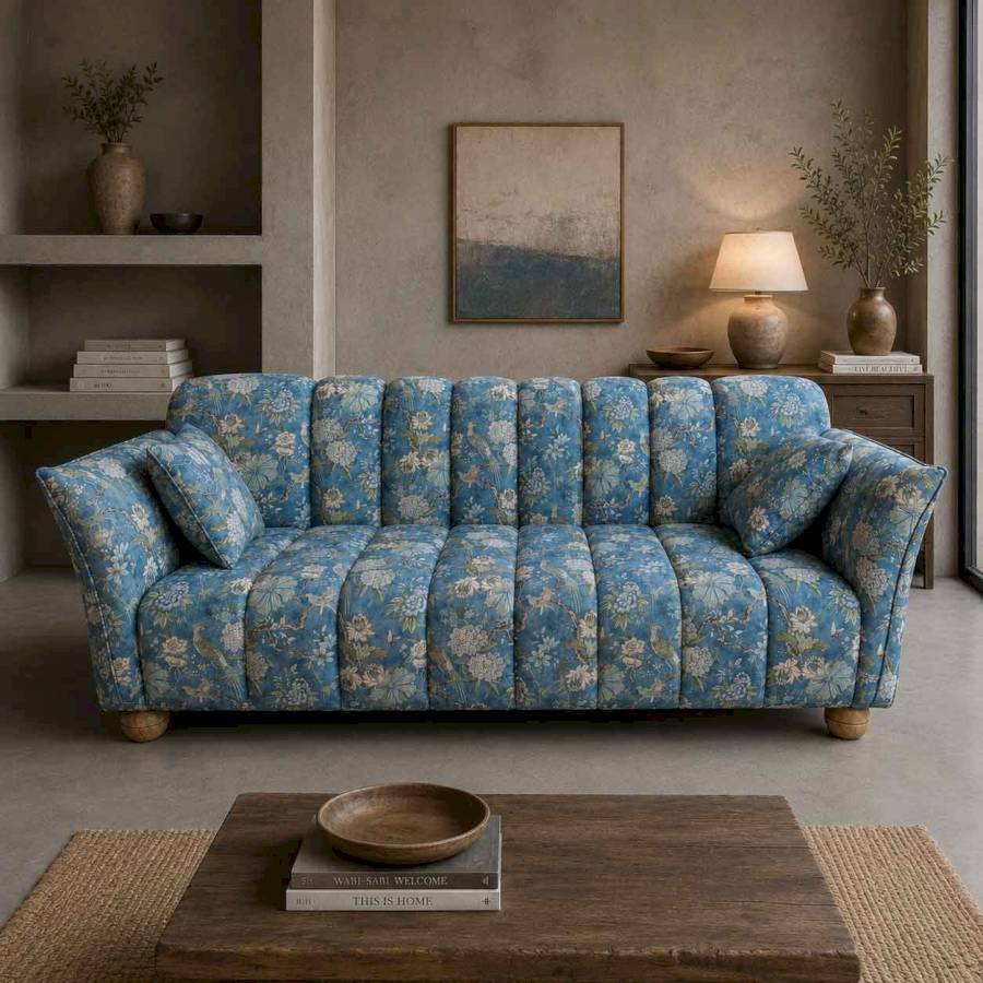 Blue Nest Floral Linen 3 Seater Sofa | Premium Linen Sofa | Rustic Turquoise
