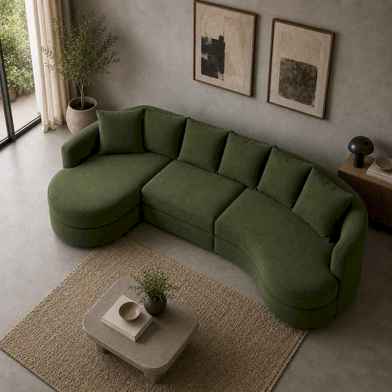 The Arden Olive Green Luxury Velvet Curved 4 Seater Sectional L-Shape Sofa| Rustic Turquoise