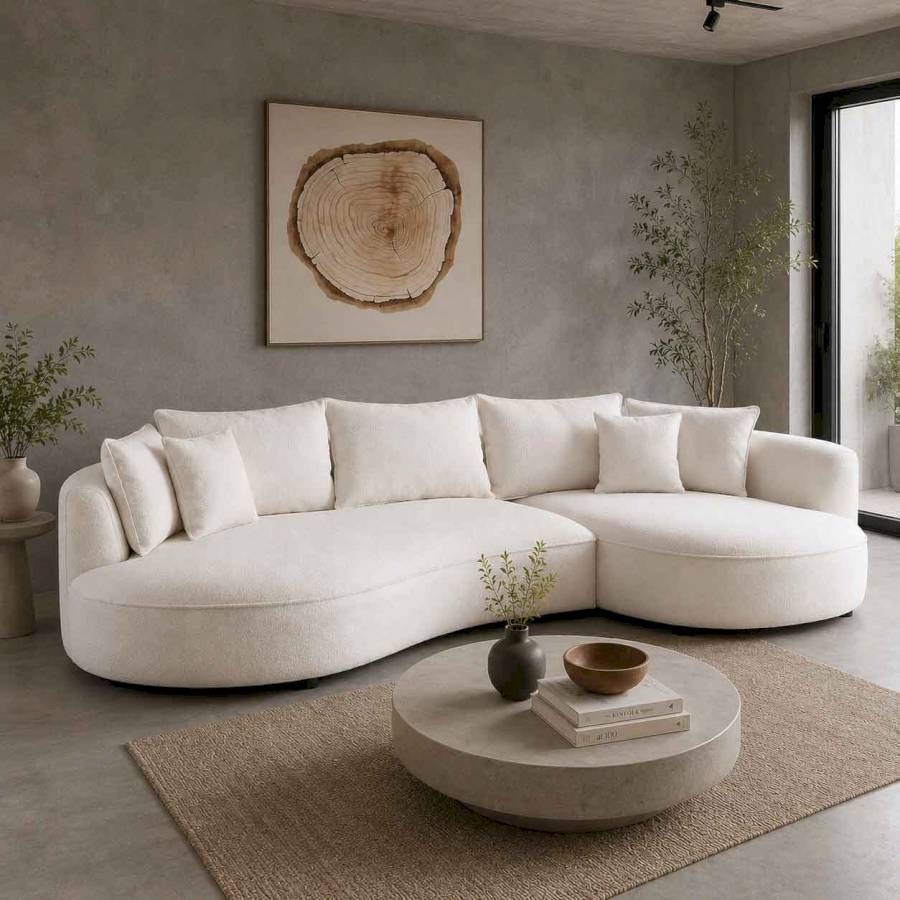 The Dune – Luxury Curved White Bouclé L-Shaped Sectional 5 Seater Sofa | Rustic Turquoise