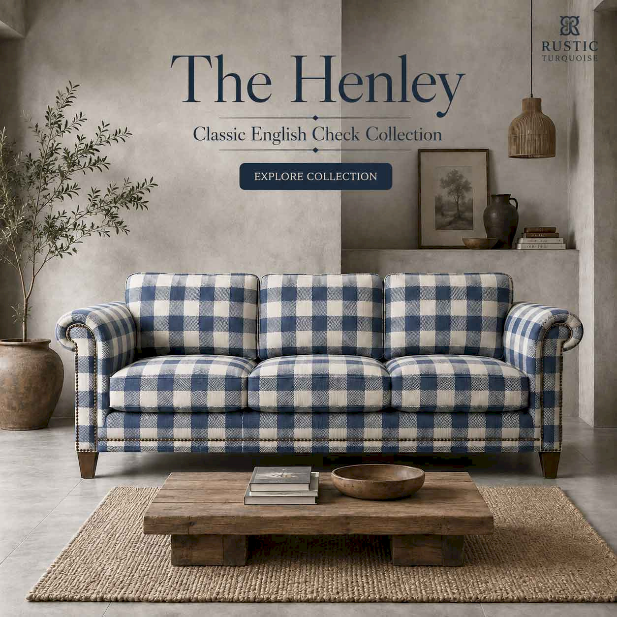 Henley Blue Check Linen 3 Seater Printed Sofa | Rustic Turquoise
