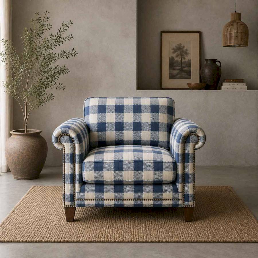 Henley Blue Check Linen 3 Seater Printed Sofa | Rustic Turquoise