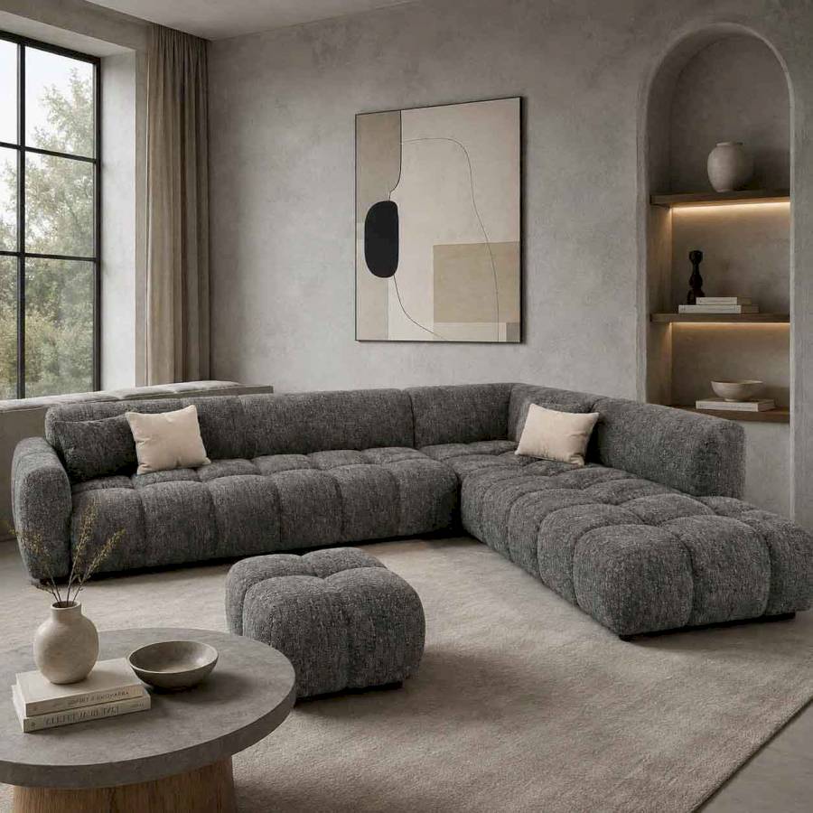 The Cocoon Charcoal Grey Bouclé Plush Modular L-Shaped Sectional Sofa | Rustic Turquoise