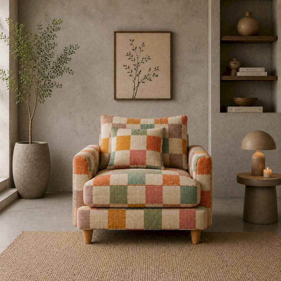The Bonbon Multicolor Checkered Linen 3 Seater Sofa | Modern Designer Sofa | Rustic Turquoise