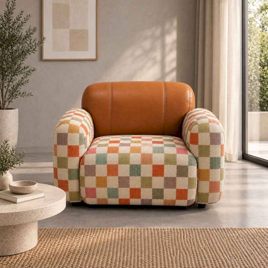 THE CHECKMATE – Multicolour Checkered Linen & Tan Leather 3-Seater Sofa | Rustic Turquoise