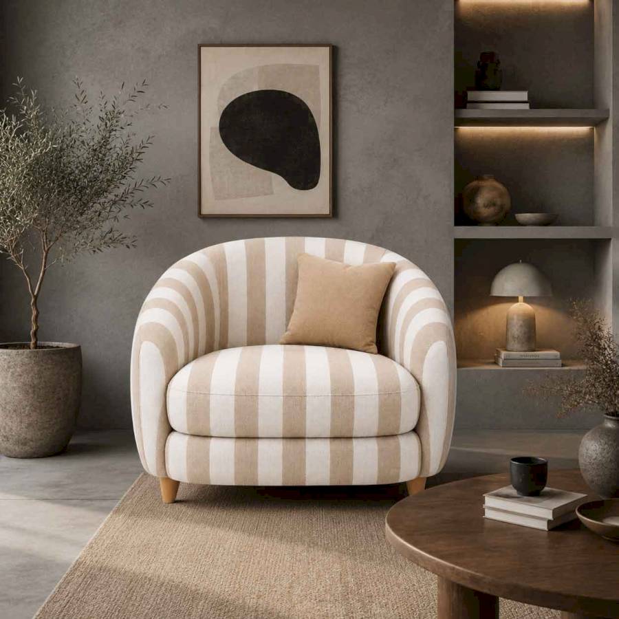 The Sundune – Luxury Beige Striped Curved 3-Seater Sofa in Premium Linen | Rustic Turquoise